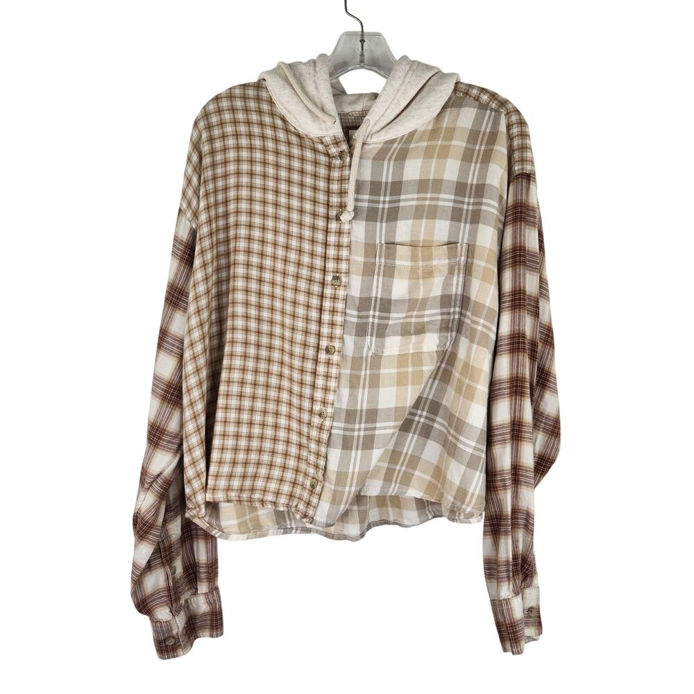 American Eagle Hooded Plaid Cropped Button Down Long Sleeve Women's size XL